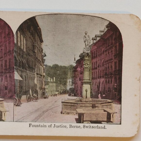 ANTIQUE Stereograph Card Fountain of Justice Berne Switzerland Full Colour - Picture 2 of 3